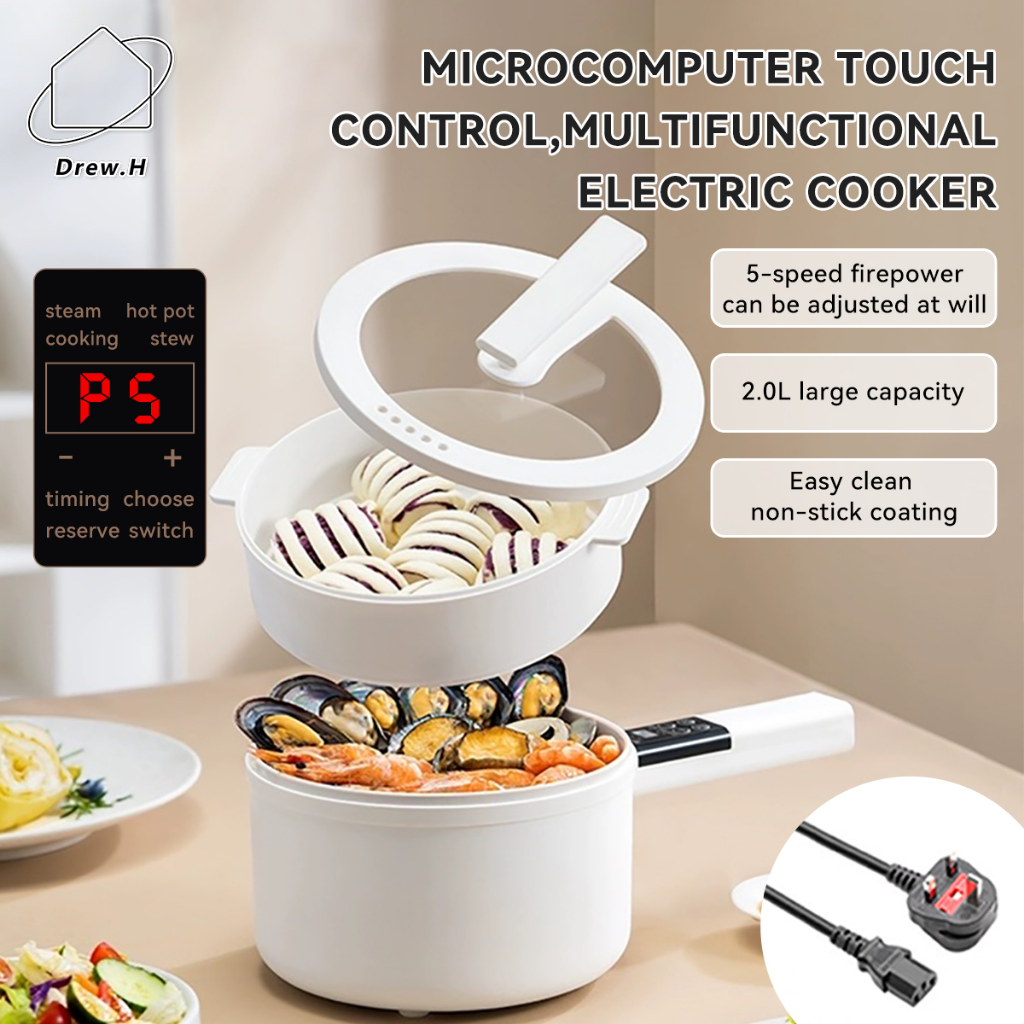 Multifunctional Electric Cooker Cooking Pot Non Stick 2.0L Pan with Steamer Hotpot for Students Dormitory Small Hot Pot